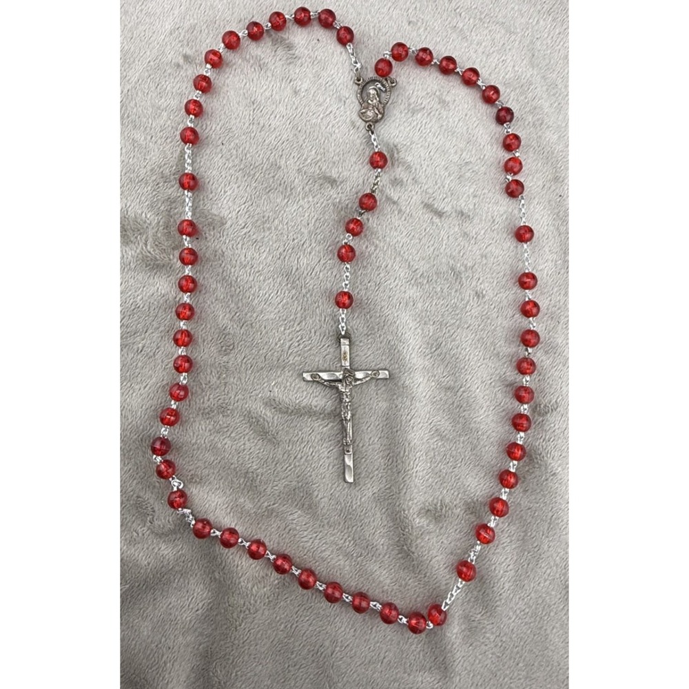 Vintage Estate Rosary Necklace Red Beaded Acrylic Italy 26in
